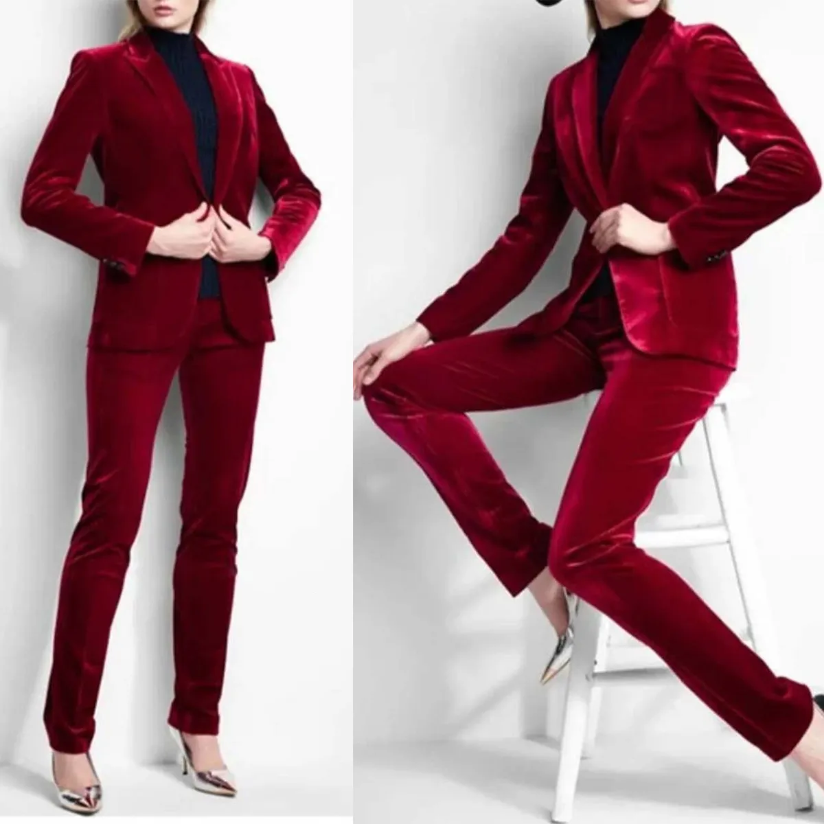 Velvet Women Prom Suits Red Lady Office Tuxedos för bröllop Gästkläder Slim Fit Evening Formal Blazers 2 Pieces Jacket