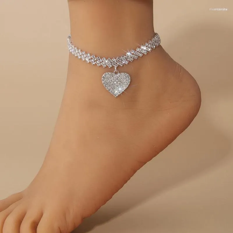 Tornozeleiras moda brilhante cor prata strass coração tornozeleira para mulheres bling amor pé tornozelo perna pulseira corrente praia sandálias jóias