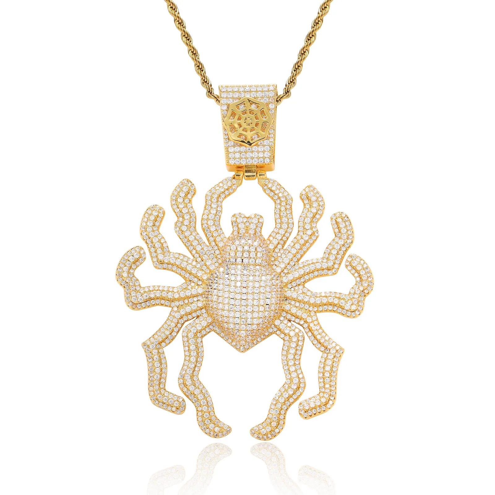 Nouveau mode jaune blanc plaqué or Bling CZ Latge Spider pendentif collier pour hommes femmes Hip Hop bijoux avec chaîne de corde de 3mm 24 pouces