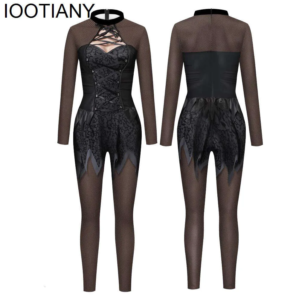 Anime Cosplay Jumpsuit: Black Lace Print Bodysuit Sexy Long