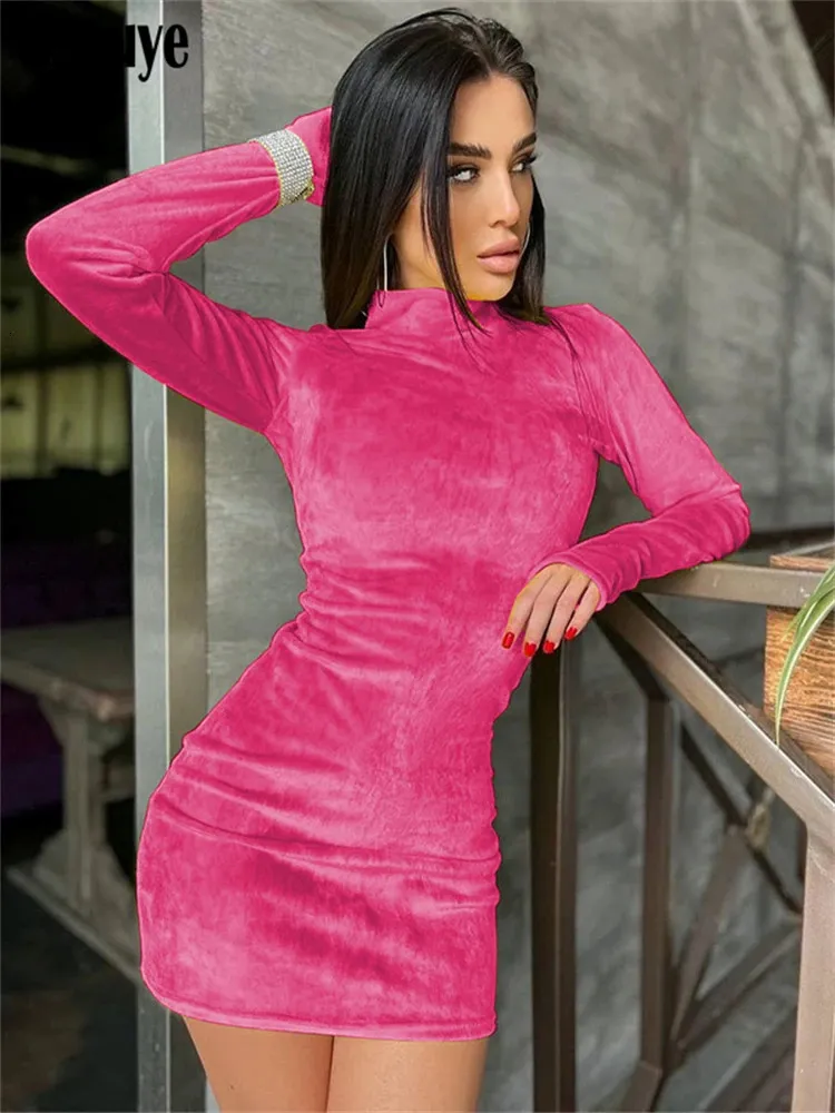 open lace back dress Bodycon Mini DRESS AFTER PARTY PADS pink Velvet with High Neck – MONOSUIT main image 0