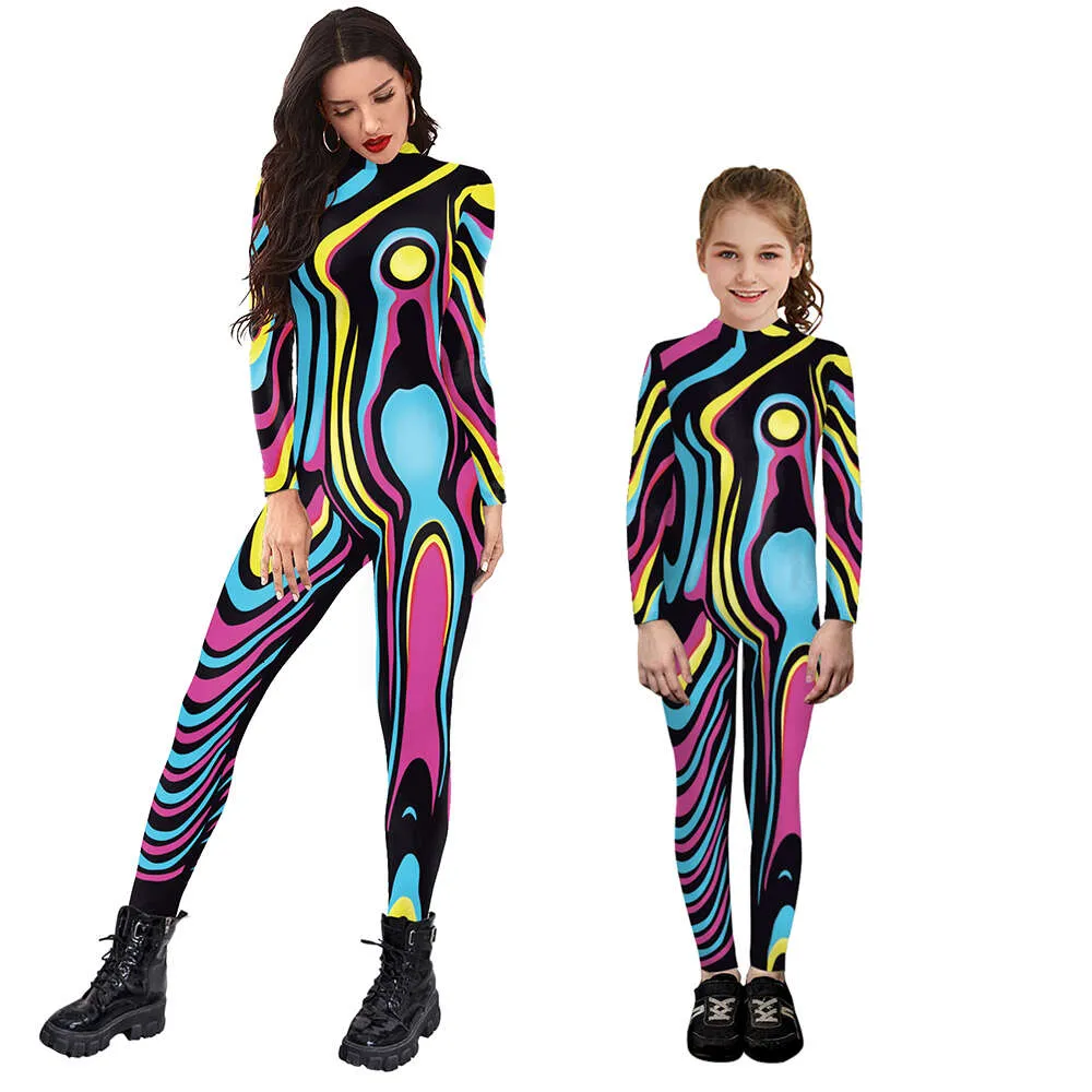 Abiti coordinati Costume cosplay Purim stampato in 3D Tuta sexy Zentai a maniche lunghe da genitore-bambino