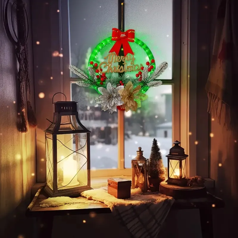 1pc kunstmatige kerstkrans met LED-licht, kerstmuurkunst voor voordeur binnen buiten kerstkransdecoratie
