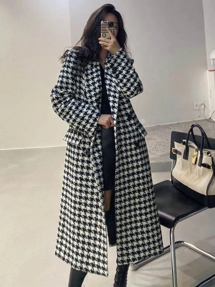 Women's Wool Blends Houndstooth Coat Women Vintage Faux Overcoat Female Autumn Winter Thick Warm Jacket Ladies Korean Fashion Long Blend Coats 231020