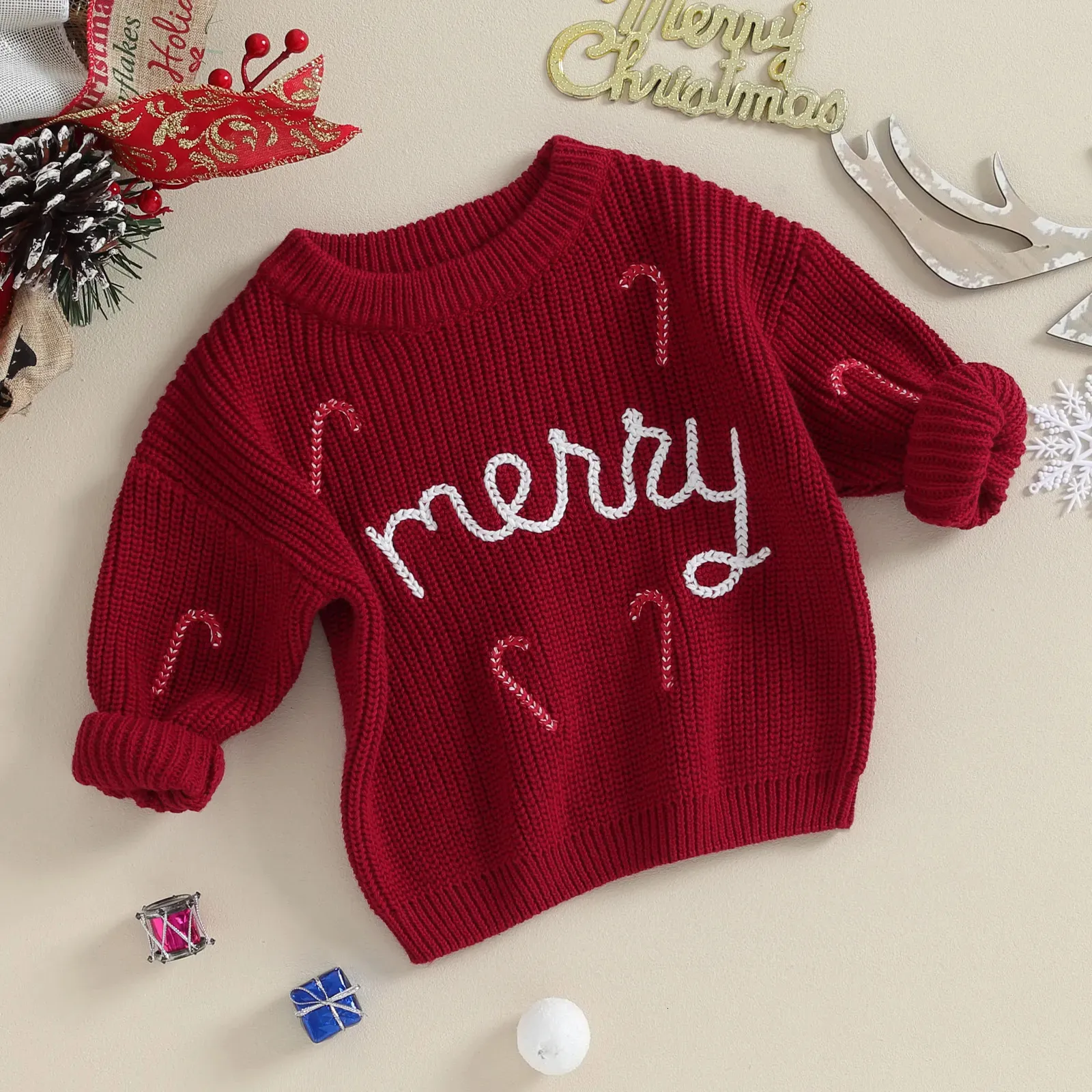 Cardigan Merry Christmas Children Clothes Girls Boys Knitted Sweaters Long Sleeve Candy Cane Embroidery Crochet Pullover Kids Knitwear 231021