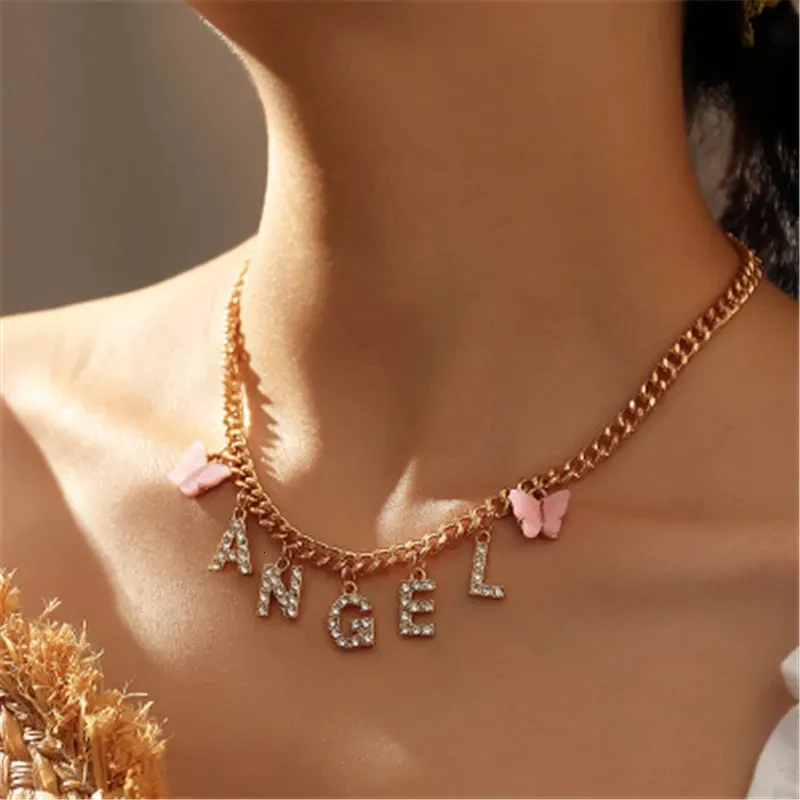 Chokers Cute Farterfly Baby Honey Angel Letter Pendant Necklace For Women Short Trend Boho Jewelry Gift 231021