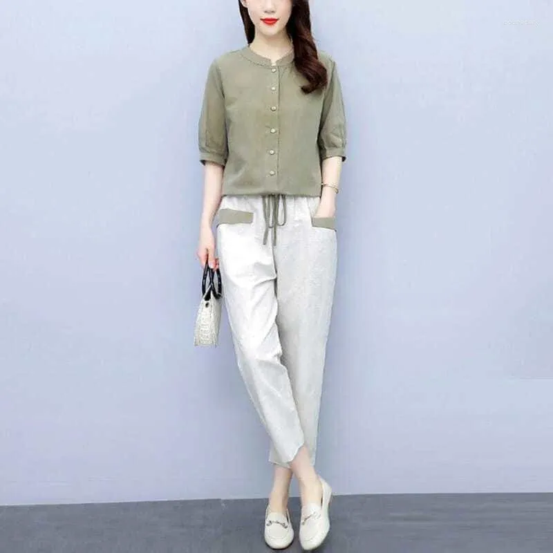 Women's Two Piece Pants Fashion Cotton Linen Suit 2023 Summer Plus Size Clothing Short Sleeve Shirt Slim Casual Pencil 2 Set