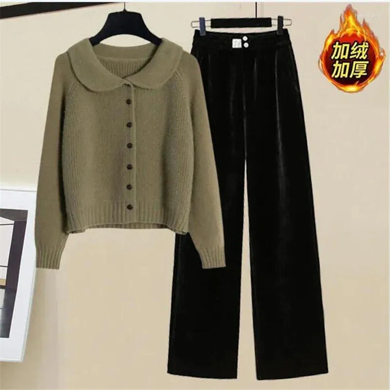 Frauen Zweiteilige Hosen Plus Größe Herbst Hose Sets Frauen Koreanische Mode Grüne Strickjacke Elastische Taille Verdicken Breite bein Set