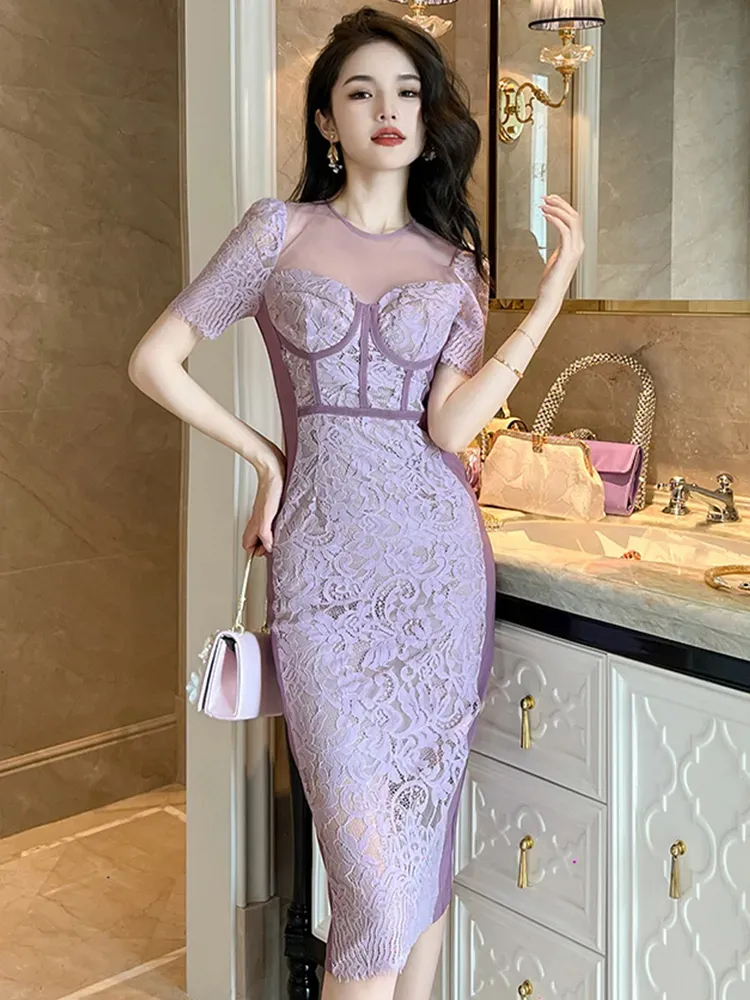 Basic Casual Women Dresses Summer Fashionable Beautiful Lace Dresses for Women Feminine Style Sheer Mesh Spliced Hook Flower Hollow Robe Female Sexy Vestido 2024