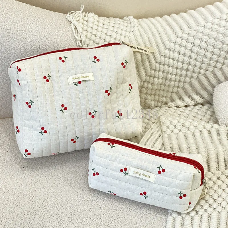 Gewatteerde katoenen dames reisopbergtas Retro Cherry dames cosmetische tassen Leuk ontwerp meisjes etui make-up tas handtassen