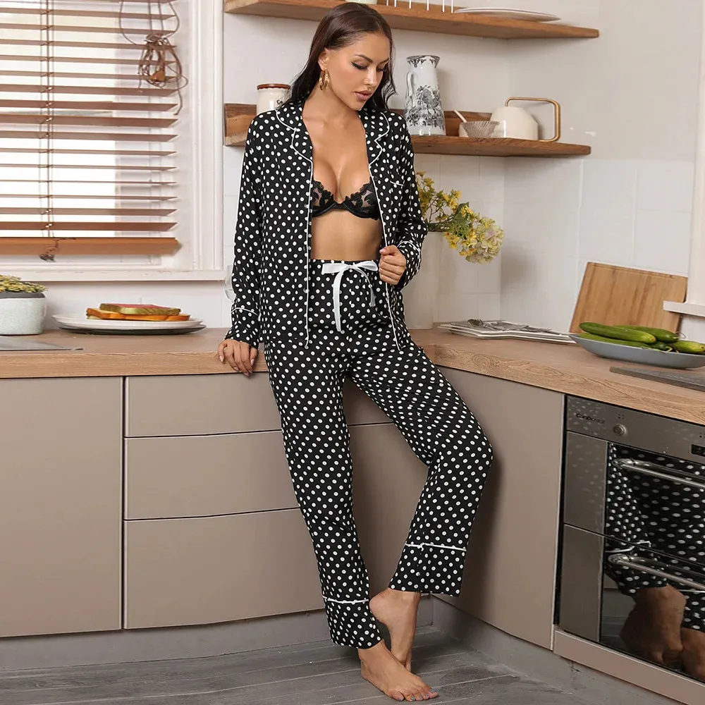 Women's Two Piece Pants Female Pyjamas Black Polka Dots Cardigan 2 Piece Set Top And Pants Bathgown America Home Suit Women Sleep House Indoor Wear 231021