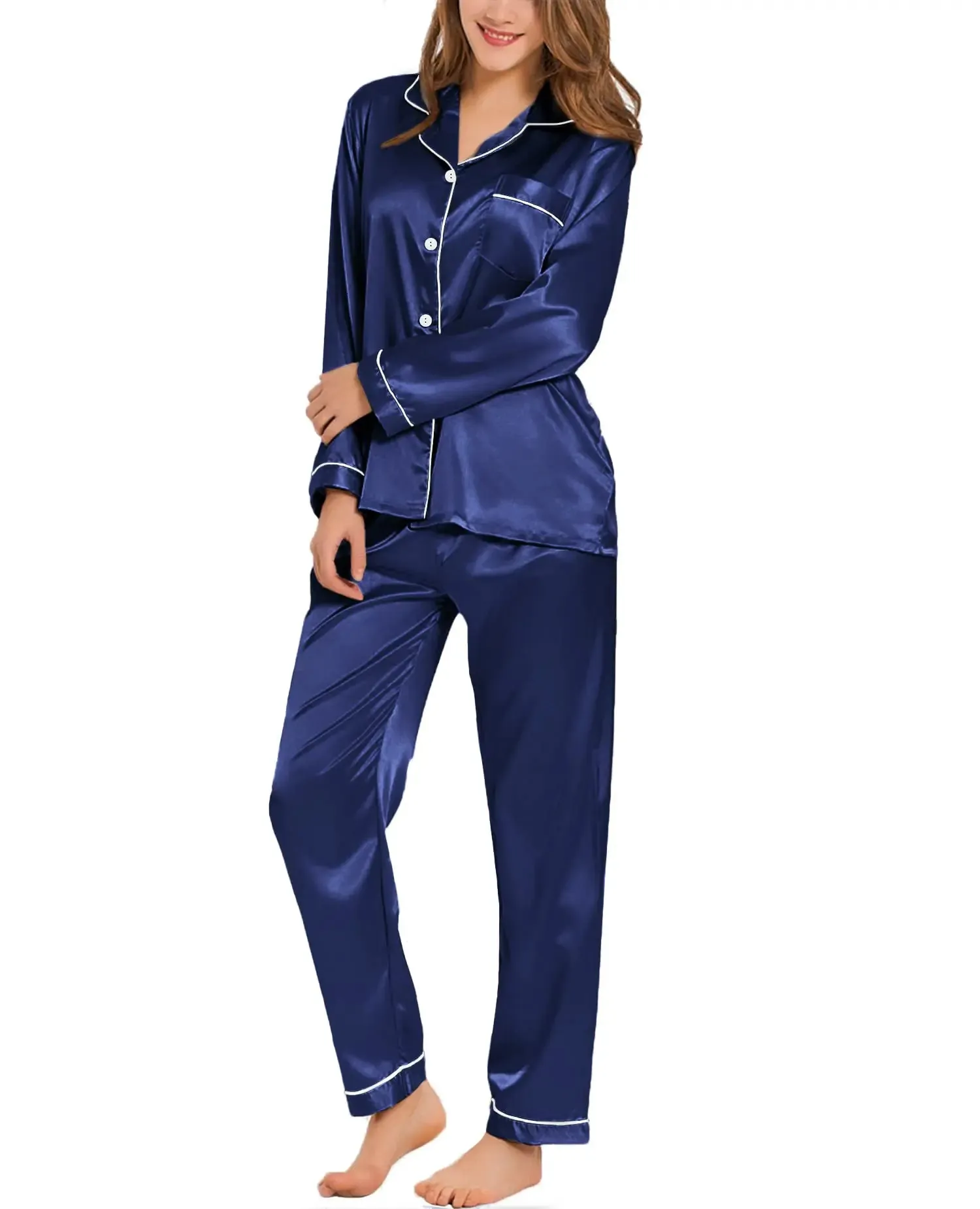 Silk Pajamas Womens Long Pj Set Button Down Sleepwear Satin Two-Piece  Loungewear