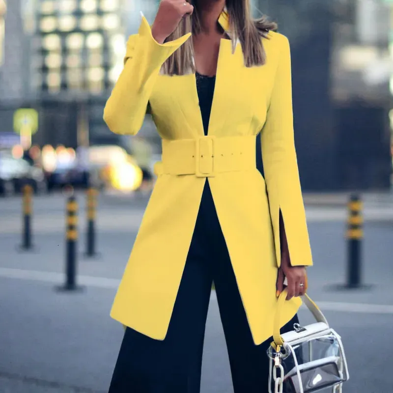 Mulheres jaquetas elegante senhora do escritório blazer jaqueta branca moda longo casual terno casaco outono simples gola alta preto amarelo 231021