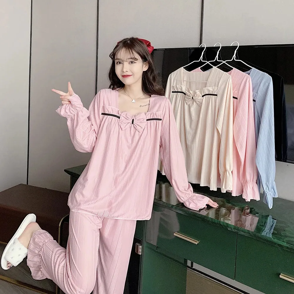 Women s Two Piece Pants Cotton Pajamas Japan Kawail Bow Pyjamas Set for Girls Long Soft Pijama Mujer Casual Sexy Cute Nightwear for Sleep House Suit