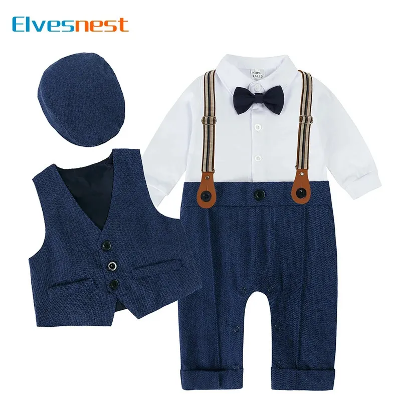 England Style Kids Clothes Set 3PCS Cotton Rompers Hat Vest for Boys 1 3 Years Spring Autumn