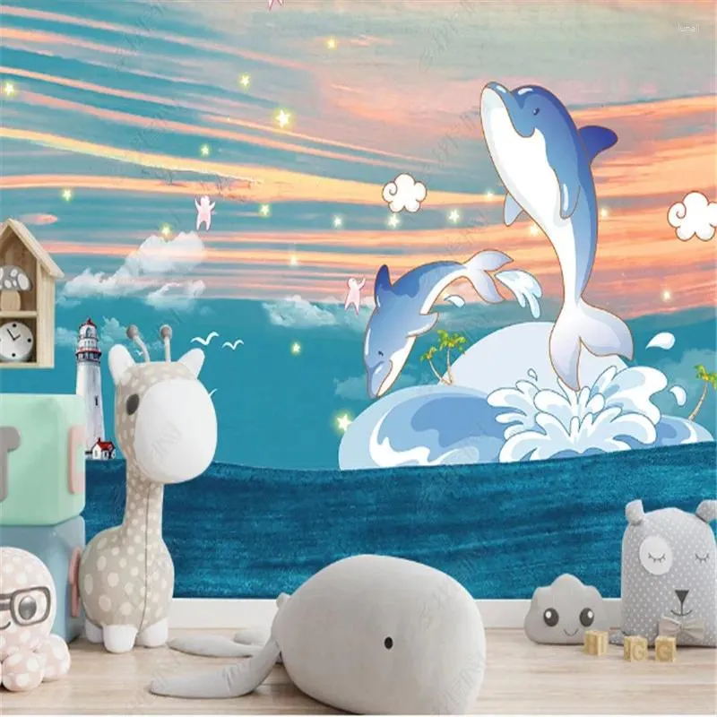 Wallpapers Hand Drawn Cartoon Wallpaper For Kid's Room Underwater World Dolphin Children's Background Wall Papers Home Decor Murals