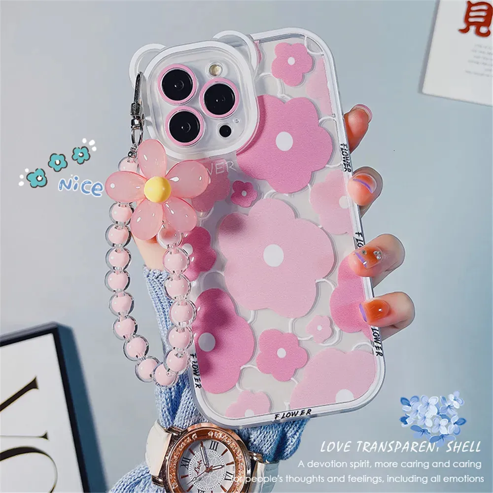 Obudowy telefonu komórkowego Śliczna łańcuch 3D Uch Ear Flower Clear Clear Case na iPhone 15 14 Pro Max 13 12 11 XR XS X 7 8 Plus SE Mini Luksusowa okładka 231021