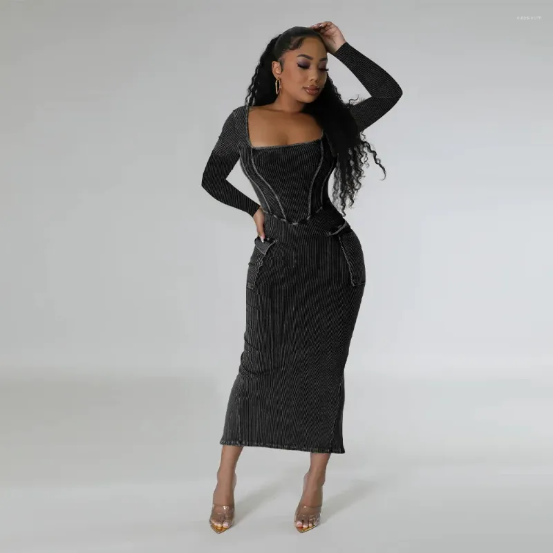 Casual Dresses 2023 Autumn Winter U-Neck Långärmfickor Ribbed Bodycon Dress Women Elegant Tunic Streetwear Pencil