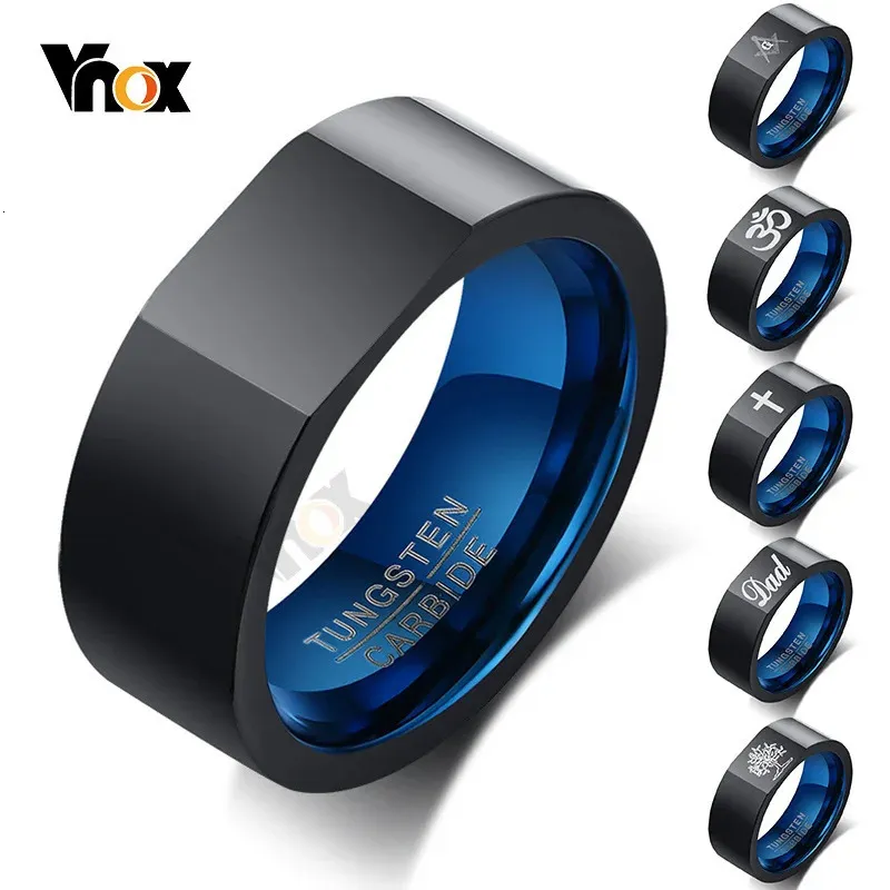 Wedding Rings Vnox Personalzied 8mm Tungsten Ring for Men Square Top Life Tree Cross Engraved Black Qualified Wedding Band Casual Gents Gift 231021