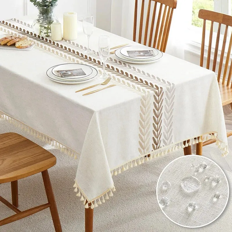 Tovaglia Inyahome Tovaglia ricamata con foglie di lusso per sala da pranzo Decorazione impermeabile in cotone e lino per feste 231020