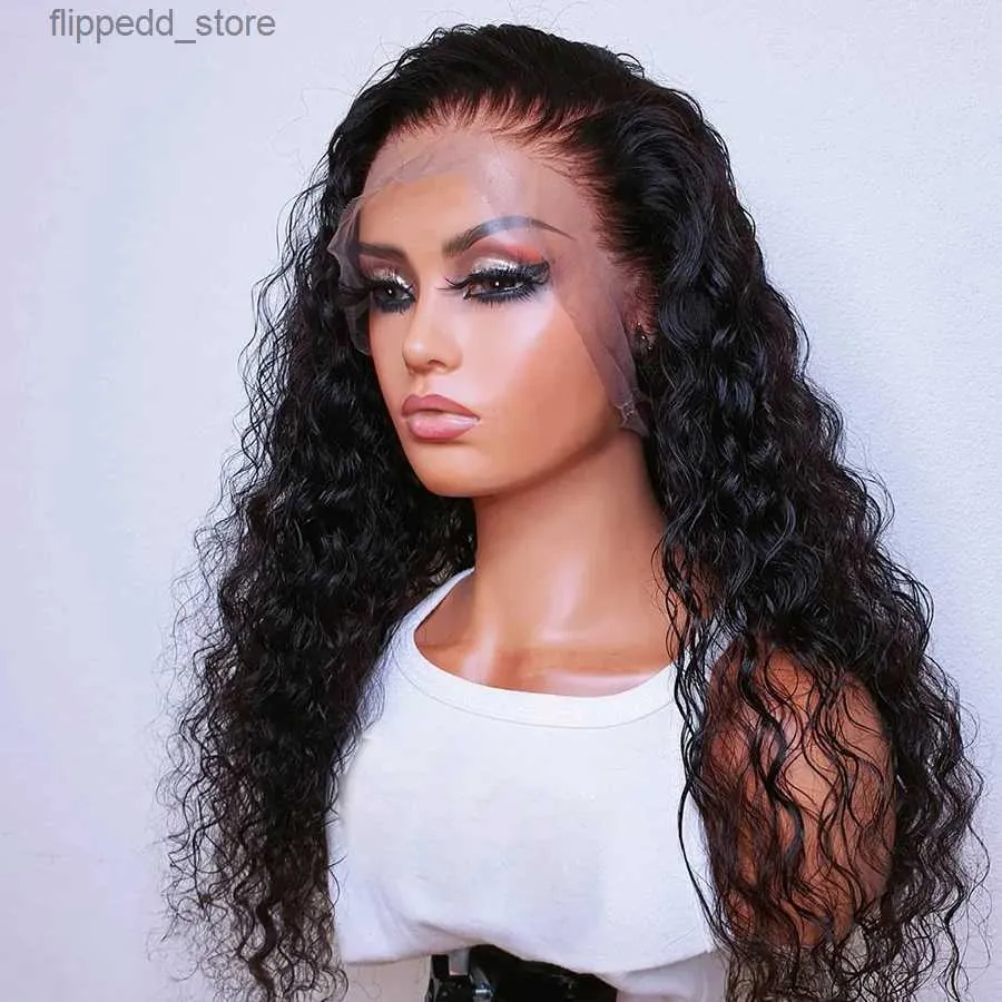 Perruques synthétiques Perruques synthétiques ondulées en dentelle T Part Lace Wigs 180% densité noir naturel sans colle haute température pré-épilée avec des cheveux de bébé Q231021