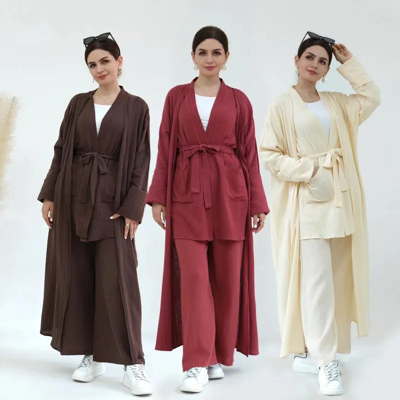 Ubranie etniczne muzułmańskie kobiety pasujące zestaw Kimono Cardigan Belted Tops Pants 3 sztuki Dubai Turkey Kaftan Abaya Islamska sukienka szata