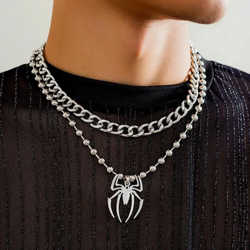 Anhänger Halsketten KunJoe Hip-Hop Spinne Kubanische Kette Halskette Set Für Männer Punk Silber Farbe CCB Perlen Choker Gothic Schmuck