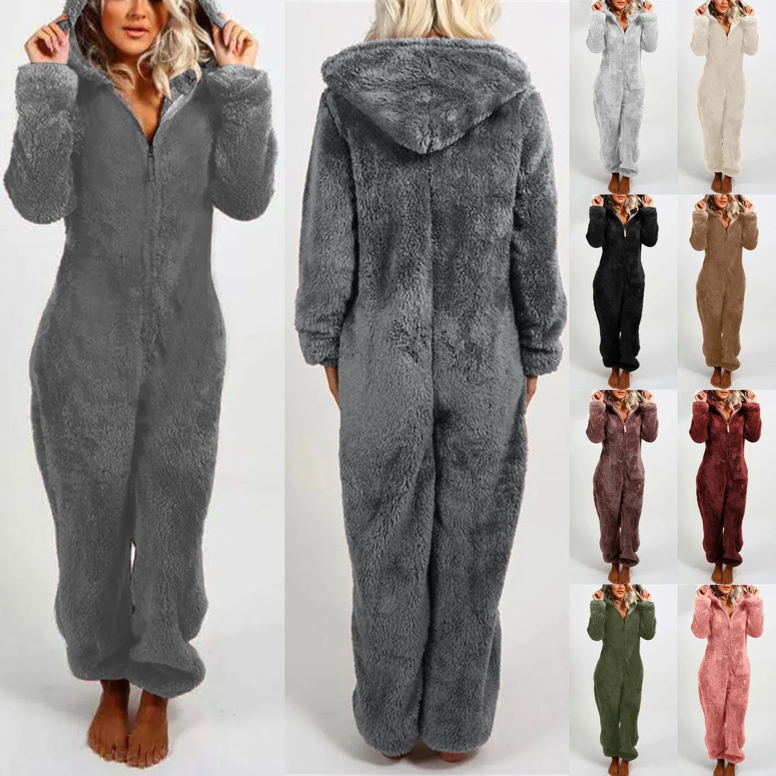 Mulheres Pijamas Inverno Quente Pijama Mulheres Onesies Com Capuz Fluffy Fleece Macacões Pijamas Nighties Zipper Manga Longa Romper Pijama Homewear 231021