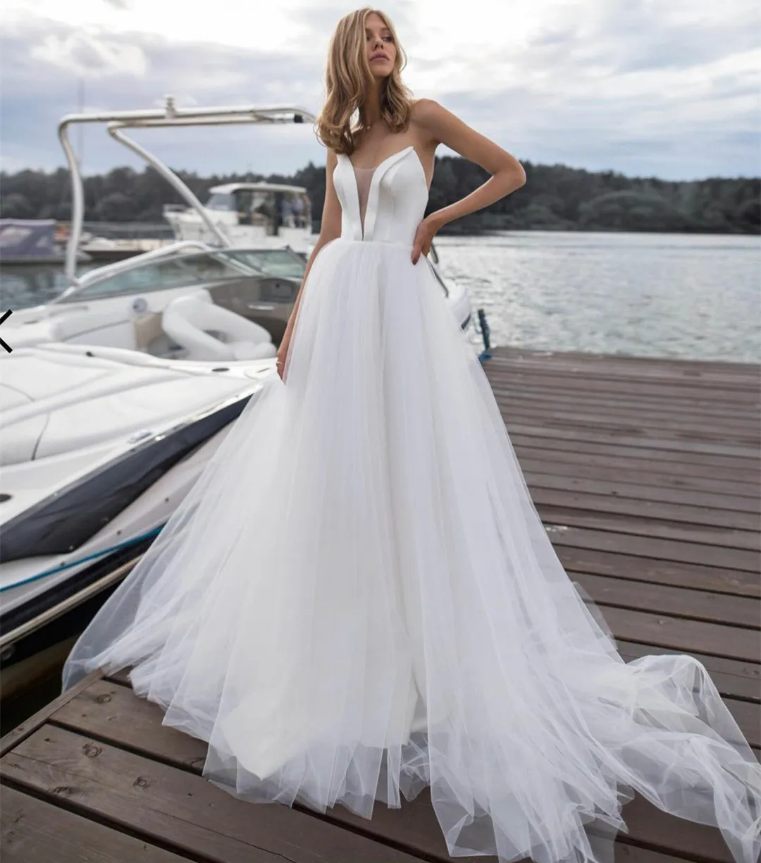 Robe de mariée longue en Tulle, Simple, col en v, ligne a, Satin ivoire, traîne de balayage, Corset au dos, robes pour femmes