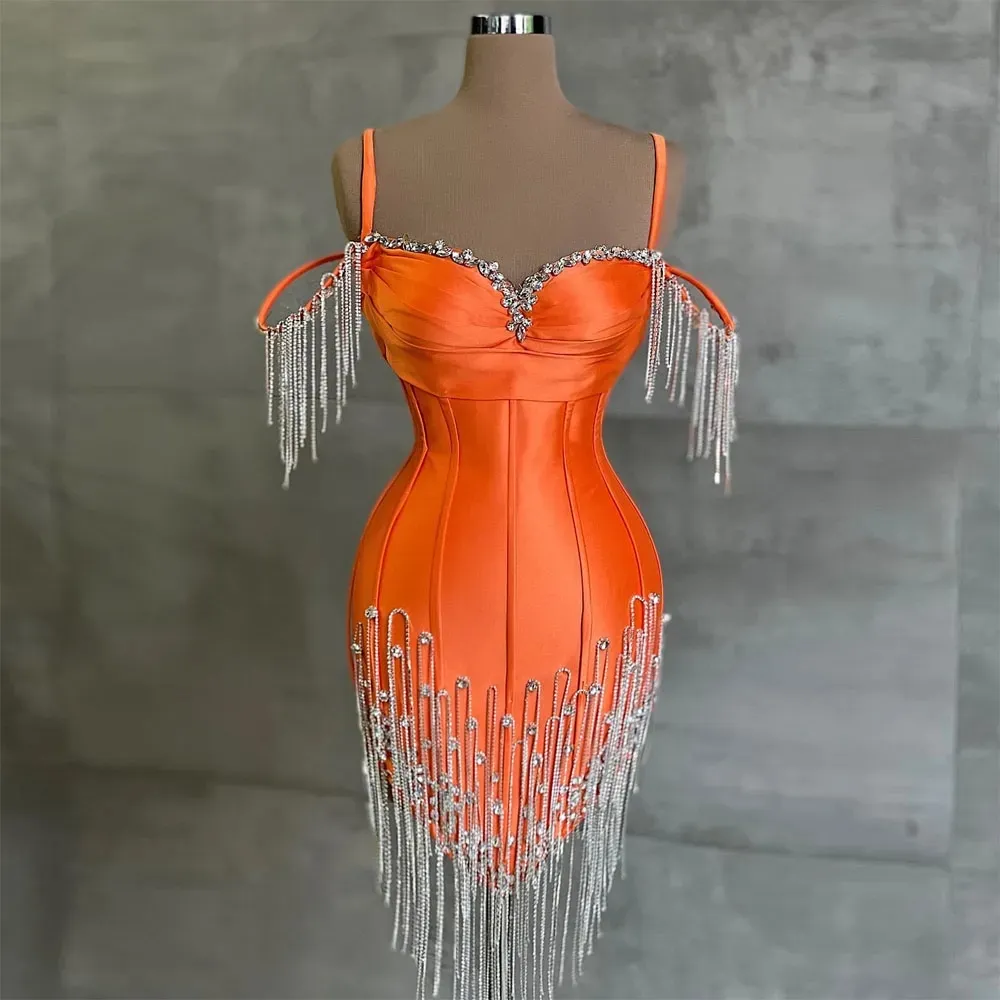 Oranje zeemeermin Korte prom -jurken Homecoming Crystals Tassel Mini Tail Dress voor zwarte meisjes afstuderen verjaardagsfeestjesjurken