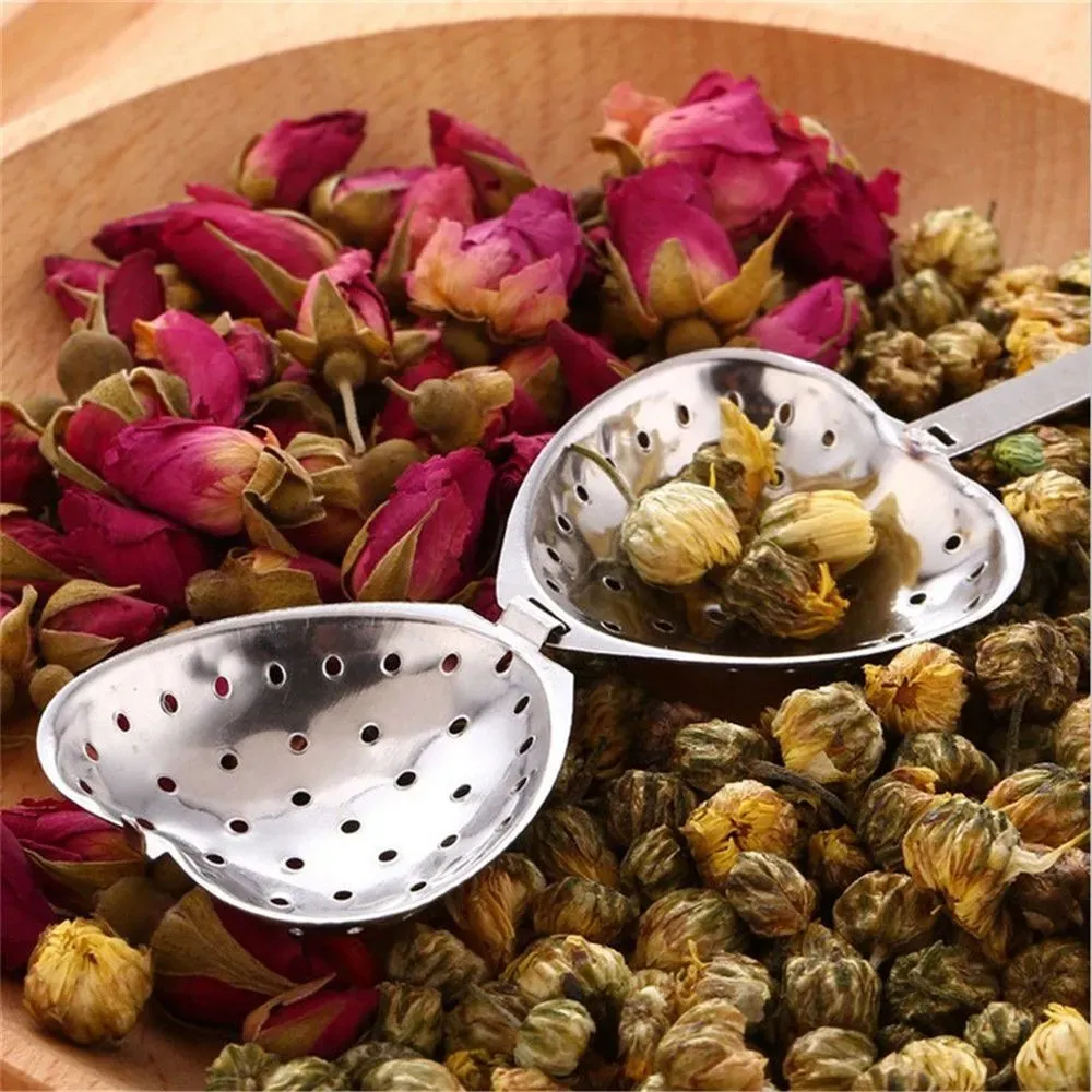 Colador de acero inoxidable, infusores de té en forma de corazón, herramientas para té, filtro de té, cuchara de malla reutilizable, mango más pronunciado, cucharas de ducha clásicas