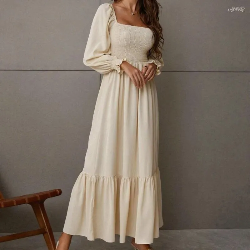 Casual Dresses Spring Maxi Dress Elegant Square Neck med veckad A-Line Silhouette Ruffle Patchwork for Fall Parties Ladies