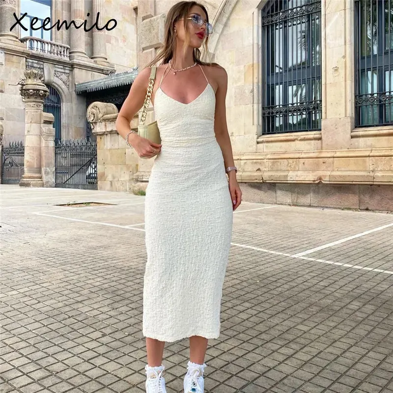 Basic Casual Dresses Xeemilo Elegant Strapless Halter Dres Sexy Low cut Backless Texture Summer Slim Bandage High Streetwear Robe 231020