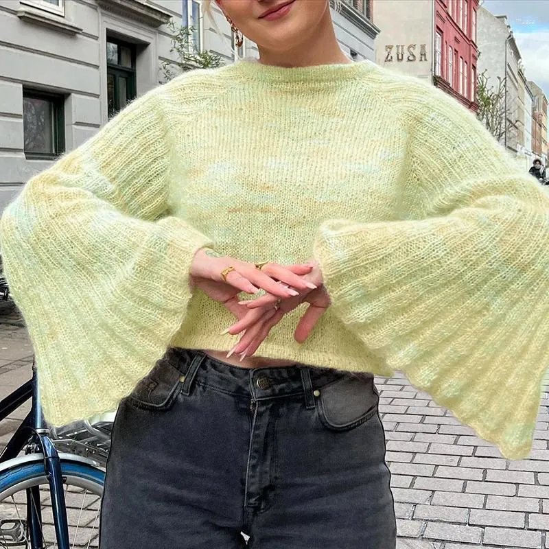 Women's Sweaters Round Neck Flared Sleeves Sweater 23 Autumn Fashion Gradient Green Pullovers Knit