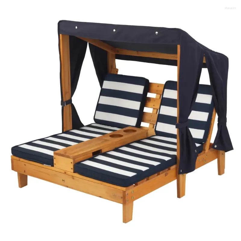 Camp Furniture Chaises longues d'extérieur en bois double avec porte-gobelets pour enfants Honey Navy