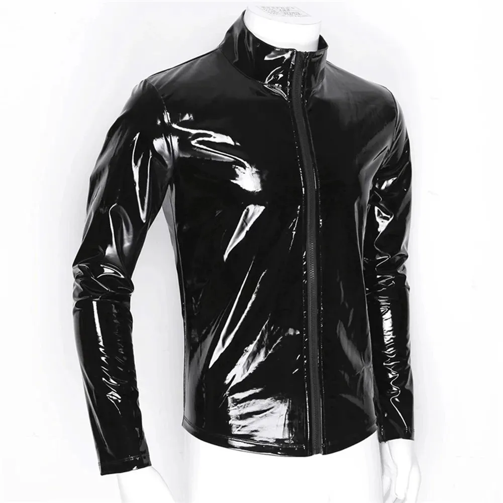 Men's Vests Mens Jacket Lingerie Wetlook Shiny Leather Bodysuit Jumpsuit Tops Underwear Nightclub Zip Up Stage Clothing 231020