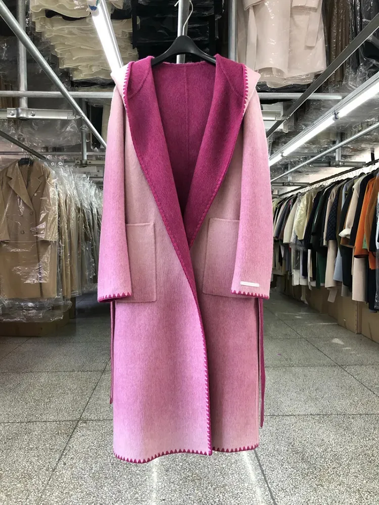 Femmes laine mélanges réversible dégradé à capuche Double face manteau femmes longue mode coréenne peignoir Style hiver veste 231020