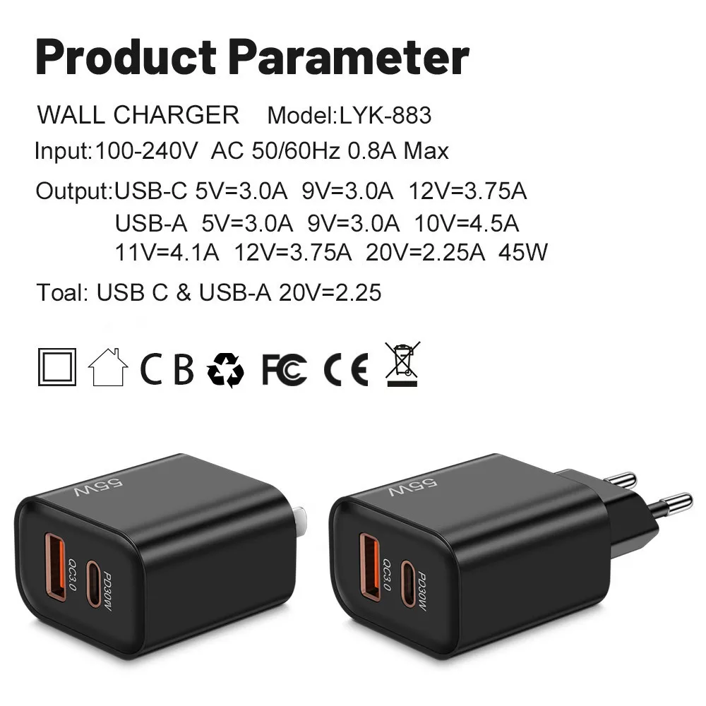 55W USB C充電器30W PD QC3.0 Quick Charge 3.0用のXiaomi SamsungタブレットモバイルプラグタイプCウォール高速充電アダプター