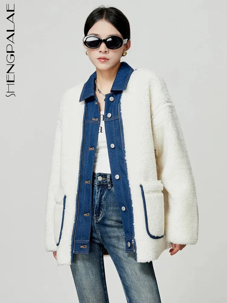 Save Big on Bulk Down Parka Jackets Women Women's Down Parkas SHENGPALAE  Denim Patchwork Lamb Wool Coat Fashion Women Lapel Single Breasted Loose