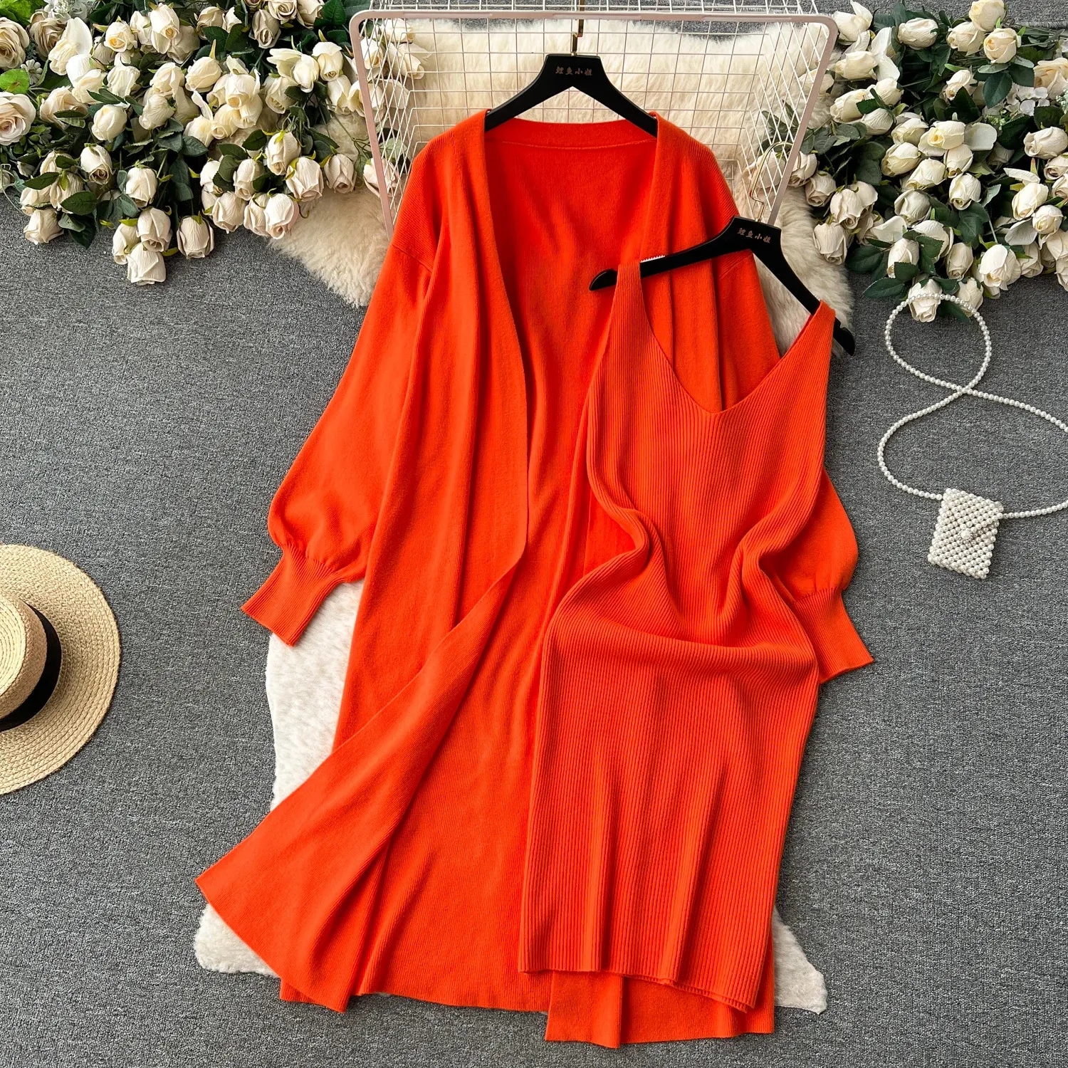 Vestido de duas peças feminino elegante malha duas peças conjuntos suéter manga comprida cardigan e stretch bodycone decote em v vestido deslizante outono inverno vestido lápis 231020