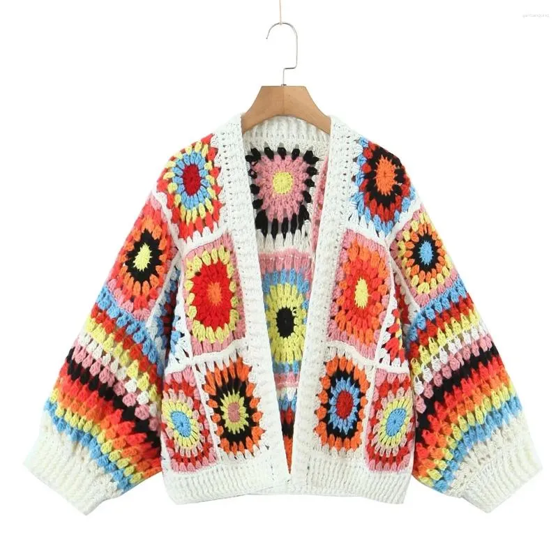 Malha feminina feminina Granny Granny Square Crochet Cardigan Cardigan Flower Designer Knit Open Duster para