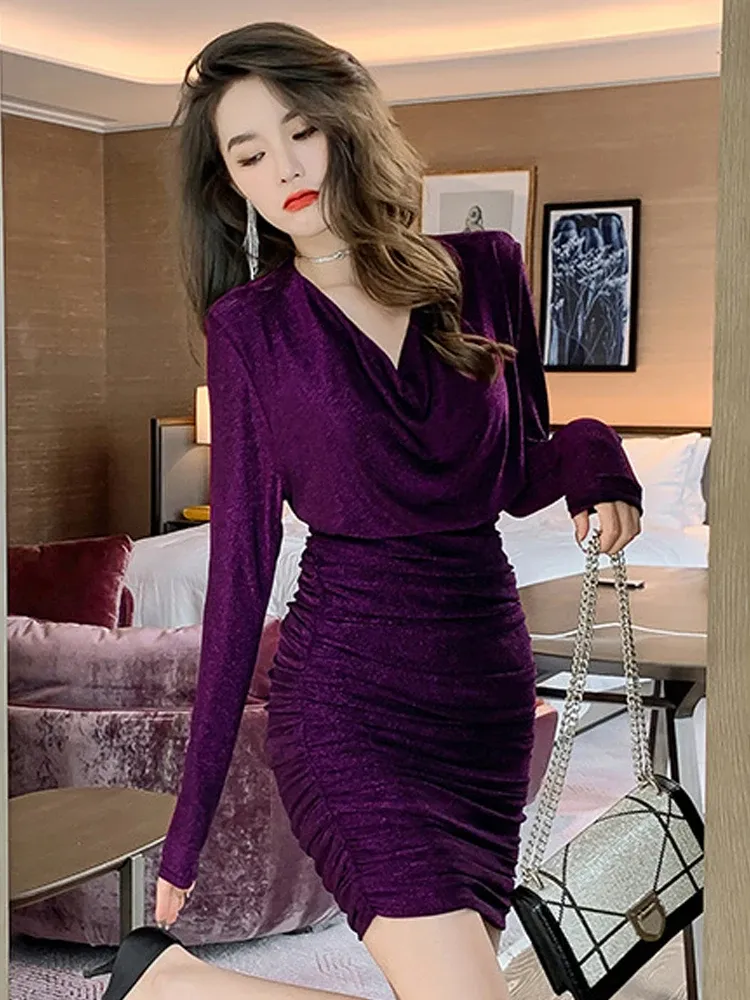 purple club dress Ranum Bodycon in Slinky Glitter Dark Catwoman or celebrity outfit Future Love | Lilac Ruched