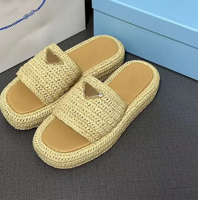 SlippersStraw Espadrilles Women Thick Sandals Slip On Mules Slides lady Platform Wedges Square Toe Flip Flops Pool Slides 36-41 810168