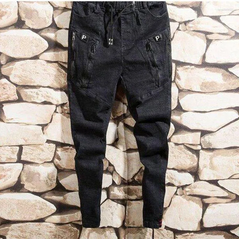 Jeans da uomo Moda da uomo Tendenza da uomo Harem elasticizzato con coulisse Comodi pantaloni da jogging in denim strappati effetto consumato con risvolto