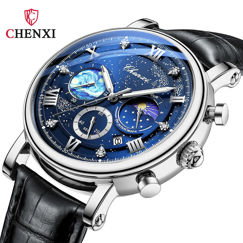 CHENXI Uhren Herren Leder Business Casual Quarz Armbanduhr Männlich Leuchtend Mondphase Chronograph Uhr für Herren Geschenke