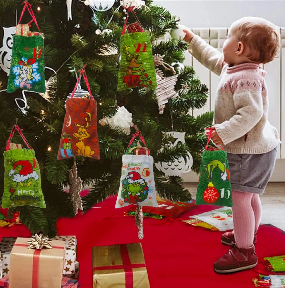 Novo 24 dias para o natal calendário de contagem regressiva saco de presente fita cordão saco de doces natal presente das crianças bolso com cordão