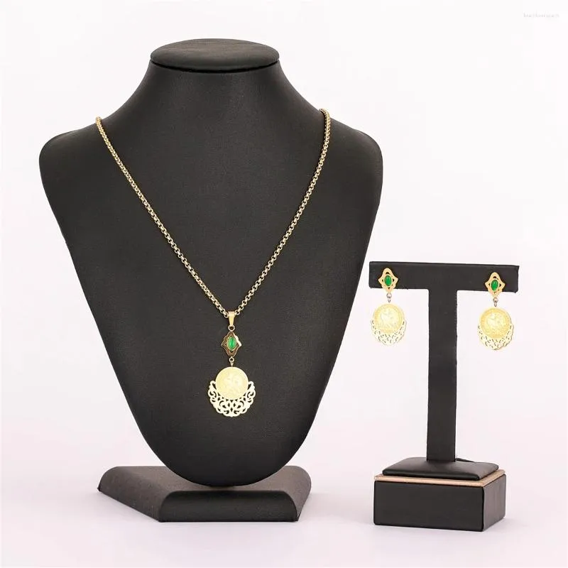 Ketting Oorbellen Set LUIZADA 2023 Jul Verkopen Accessoire Bruiloft Sieraden Voor Vrouwen Kant Cirkel Cock Coin Roestvrij Staal