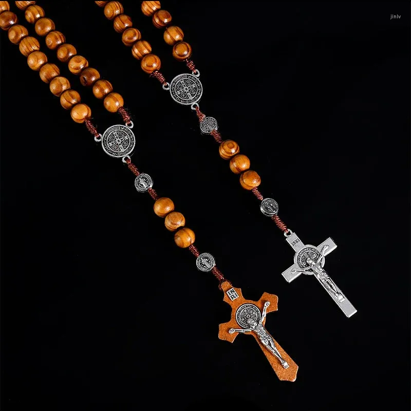 Pendant Necklaces Christian 10MM Wood Beads Rosary Cross Necklace For Women Virgin Mary INRI Long Chain Men Religion Jewelry