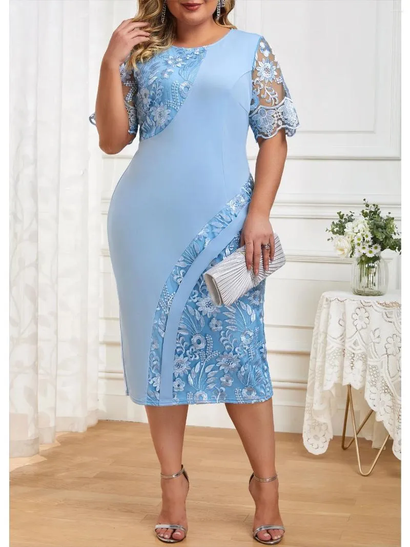 Robe de soirée grande taille pour femme, tenue d'été à manches courtes, broderie florale, Patchwork, élégante, moulante, crayon pour invités de mariage, 2023