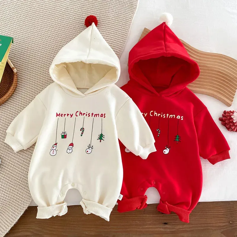 Rompers 2023 Noel Kostüm Bebek Bebek Erkek Kızlar Tulum Kapşonlu Karikatür Baskı Peluş Kalarak Romper Yıl Çocuk Giyim 231021